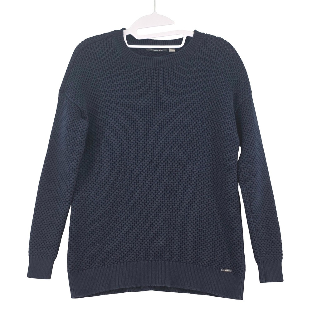 T Tahari Sweater Size XS Long Sleeve Pullover Open Stitch Crew Neck Blue Preppy